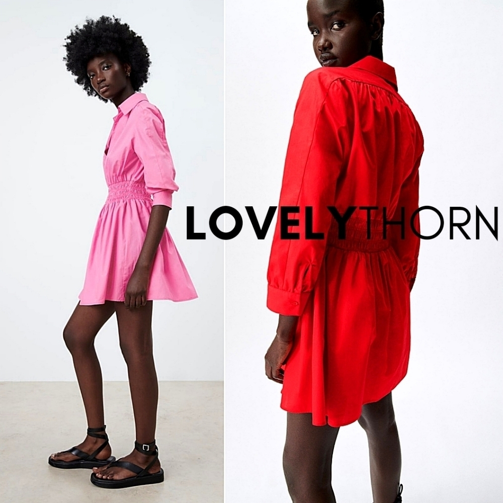 ZARA // retro-chic red poplin collar smock waist long sleeve plunge mini dress - Picture 7 of 16